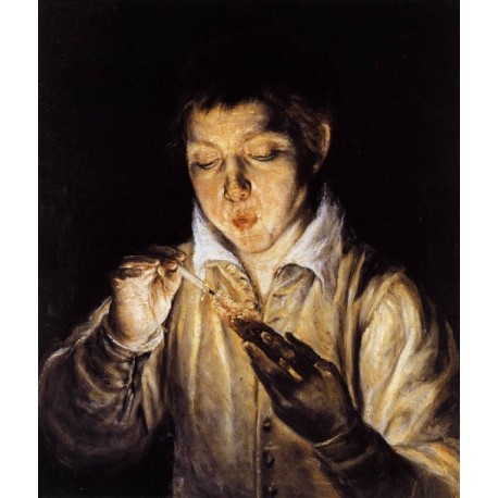 A Boy Blowing on an Ember to Light by El Greco-Art gallery oil...