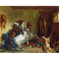 Arab Horses Fighting in a Stable by Eugène Delacroix-Art gallery oil painting reproductions