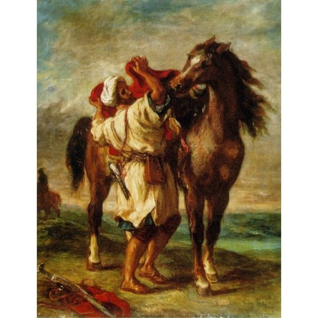 Arab Saddling his Horse by Eugène Delacroix-Art gallery oil...