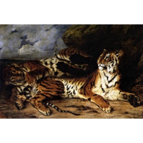 A Young Tiger Playing with its Mother by Eugene-Delacroix-Art gallery oil painting reproductions