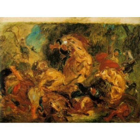 Lion Hunt 1861 by Eugène Delacroix-Art gallery oil painting...