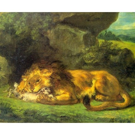 Lion with a Rabbit by Eugène Delacroix-Art gallery oil painting...