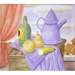 Still Life With Green Bottle By Fernando Botero - Art gallery oil...