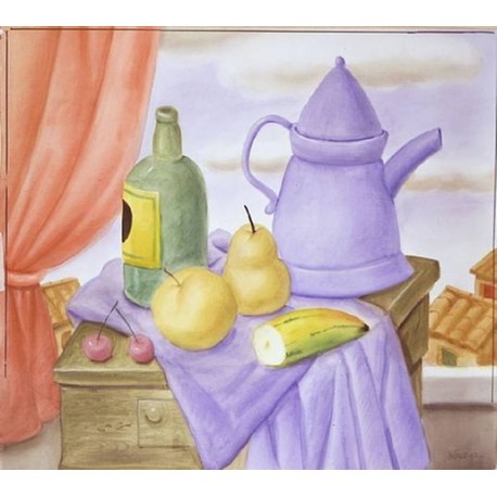 Still Life With Green Bottle By Fernando Botero - Art gallery oil...