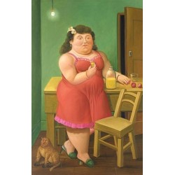 Woman Drinking With Cat By Fernando Botero - Art gallery oil painting reproductions