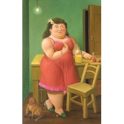 Woman Drinking With Cat By Fernando Botero - Art gallery oil...
