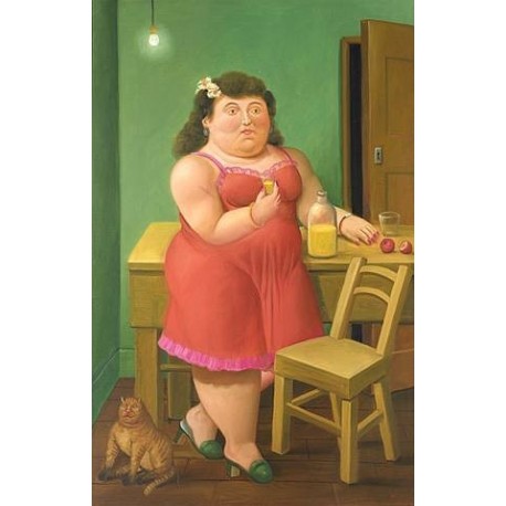 Woman Drinking With Cat By Fernando Botero - Art gallery oil...