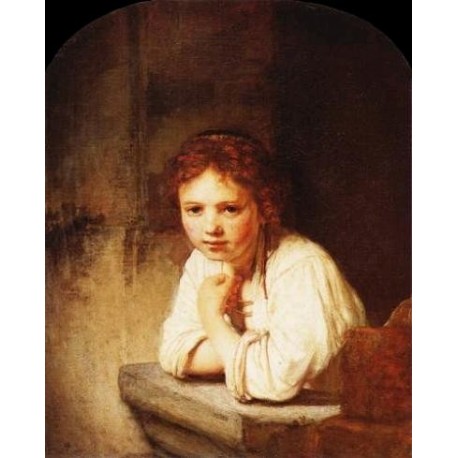 A Young Girl Leaning on a Window Sill by Rembrandt Van Rijn-Art gallery oil painting reproductions