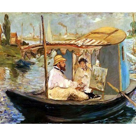 Cluade Monet Working on His Boat by Edouard Manet - Art gallery oil painting reproductions