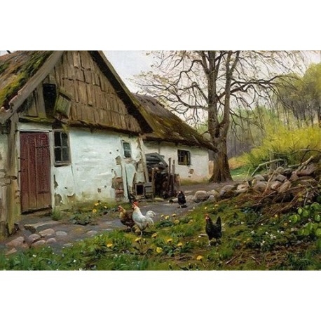 Bromolle Farm with Chickens - Art gallery oil painting