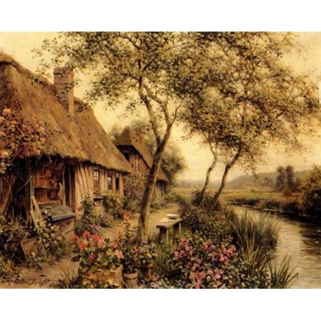 Cottages Beside a River - Art gallery oil painting