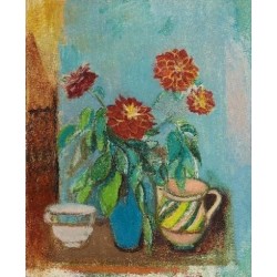 Dahlias in Blue Vase, 1942 by Rudolf Levy - Jewish Art Oil...