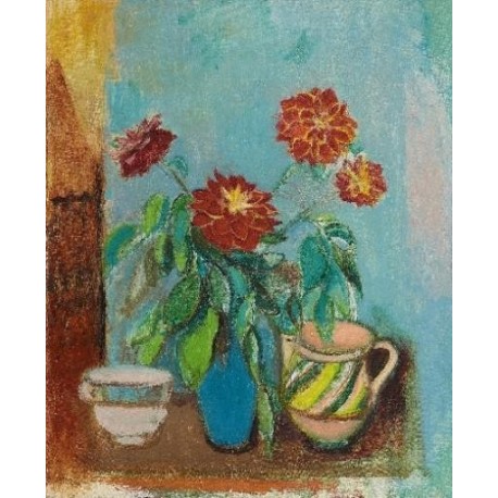 Dahlias in Blue Vase, 1942 by Rudolf Levy - Jewish Art Oil...