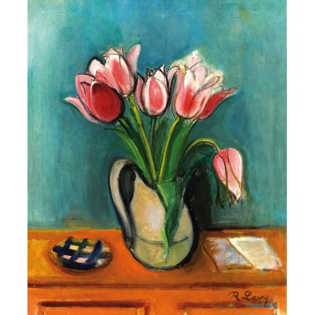 Vase Mit Roten Tulpen by Rudolf Levy - Jewish Art Oil Painting Gallery