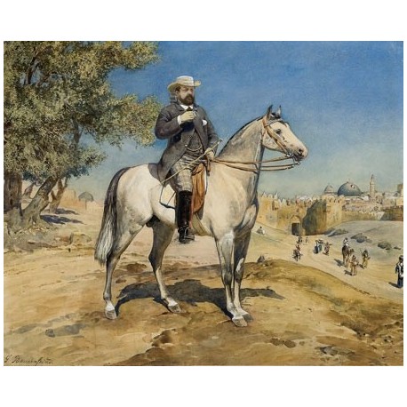 A Rider on a Horse at Jerusalem's Gates by Gustav Bauernfeind - Jewish Art Oil Painting Gallery