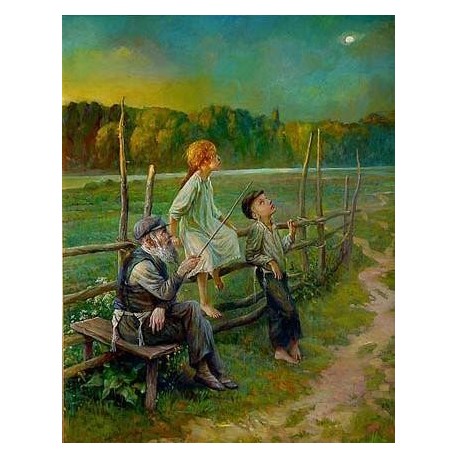 Elena Flerova - Watching the Moon | Jewish Art Oil Painting Gallery