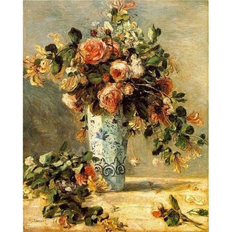 Roses and Jasmine in a Delft Vase by Pierre Auguste Renoir