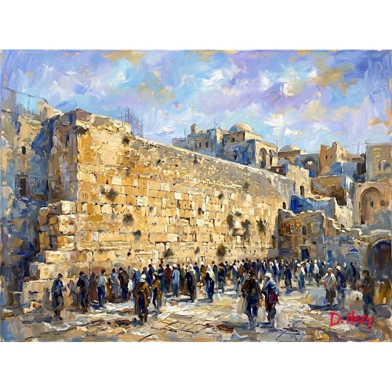 Colorful impressionist Western Wall painting with worshippers at the Kotel
