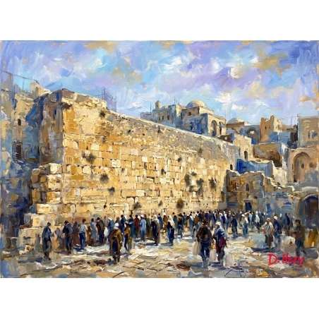 Colorful impressionist Western Wall painting with worshippers at the Kotel