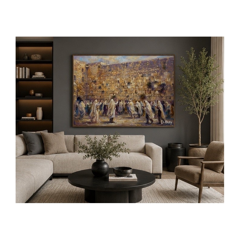 Western Wall procession artwork by D. Hezy displayed in a living room