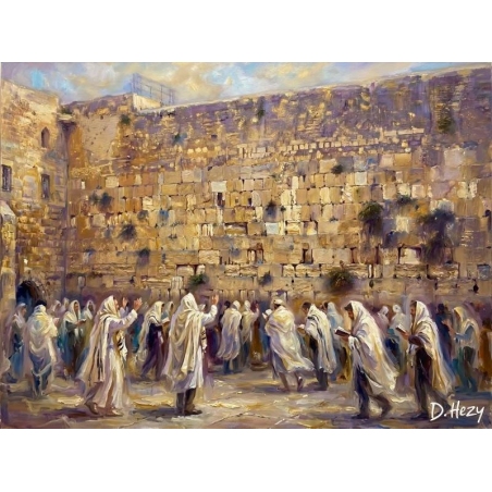 Western Wall oil painting showing a procession of worshippers in white robes at the Kotel