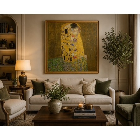 The Kiss by Gustav Klimt—golden textured hand-painted oil painting reproduction hanging in living room