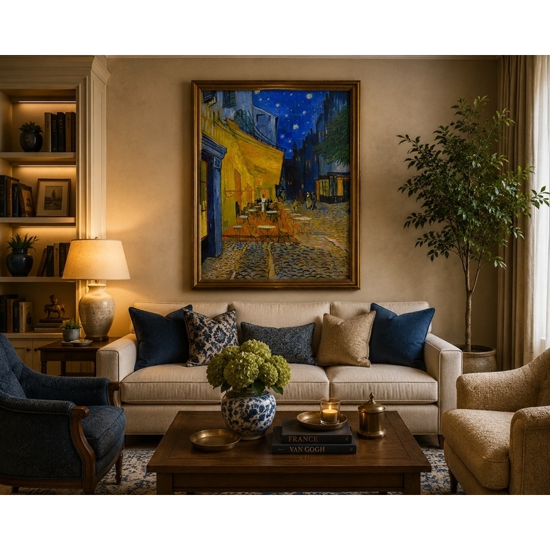 Cafe Terrace at Night reproduction by Vincent van Gogh - authentic hand-painted oil painting in living