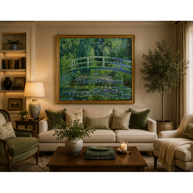 Impressionist oil painting reproduction of Water Lilies by Claude Monet in the living room