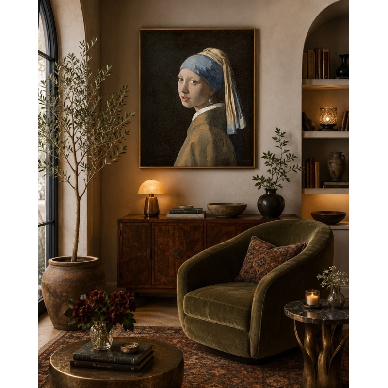 Girl with a Pearl Earring by Johannes Vermeer is a hand-painted oil painting in the living room