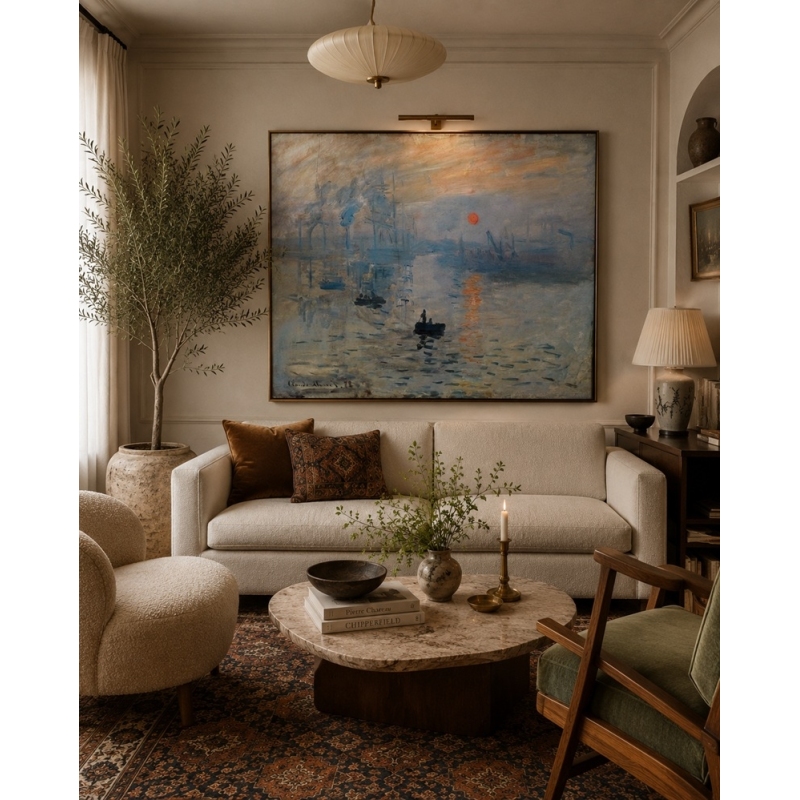 Hand-painted oil painting reproduction of Impression, Sunrise by Claude Monet in the living room