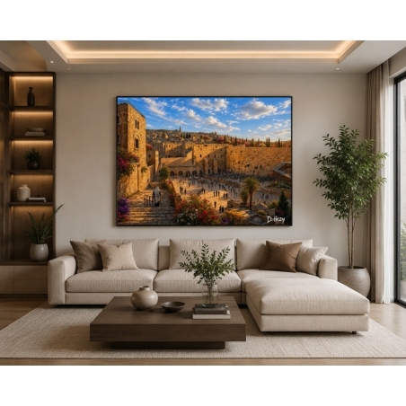 Jerusalem old city western wall artwork by D. Hezy in a home setting