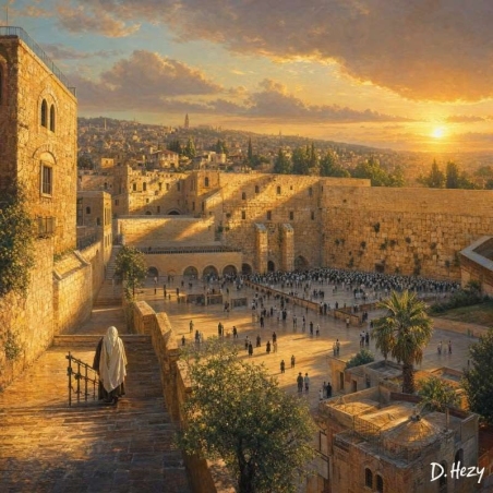 Panoramic Western Wall painting with Jerusalem golden sunset and dove by D. Hezy