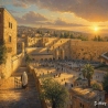 Panoramic Western Wall painting with Jerusalem golden sunset and dove by D. Hezy