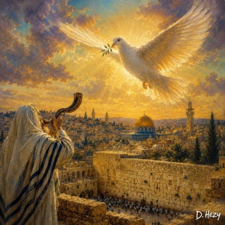 Western Wall painting with a white dove soaring over Jerusalem in a golden sky