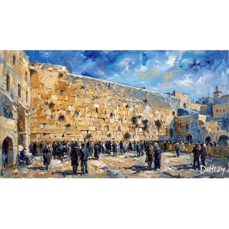 Western Wall painting with worshippers at the Kotel under a bright blue sky