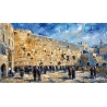 Western Wall painting with worshippers at the Kotel under a bright blue sky