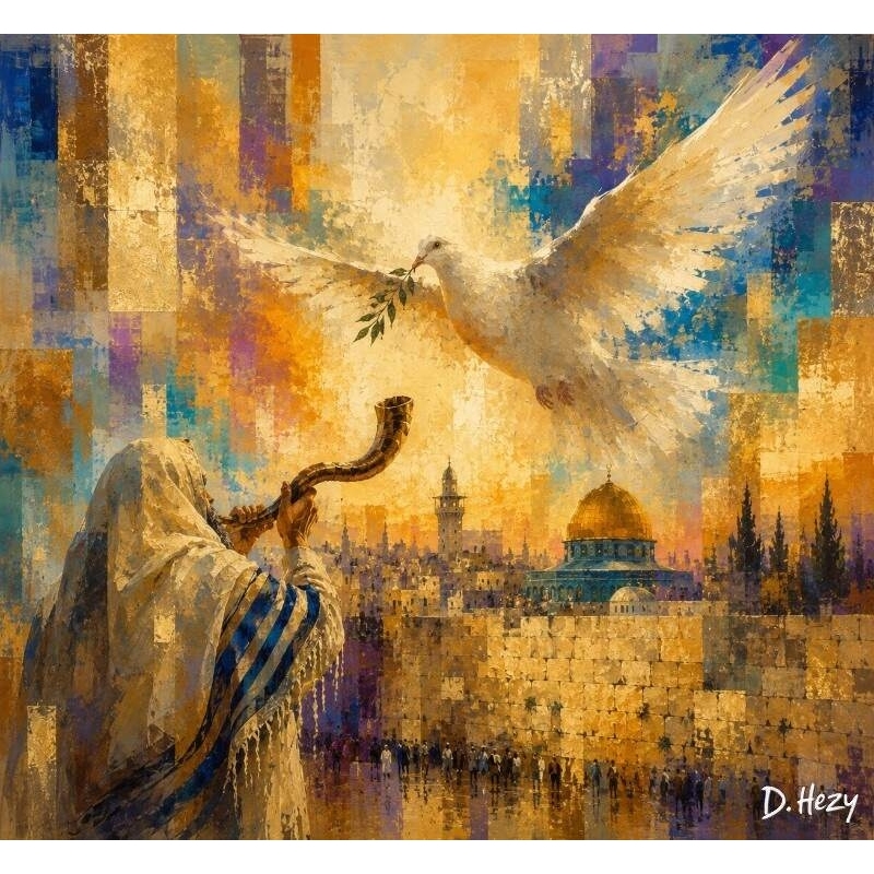 Abstract Western Wall painting with golden tones and a dove in flight by D. Hezy