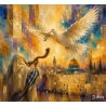 Abstract Western Wall painting with golden tones and a dove in flight by D. Hezy