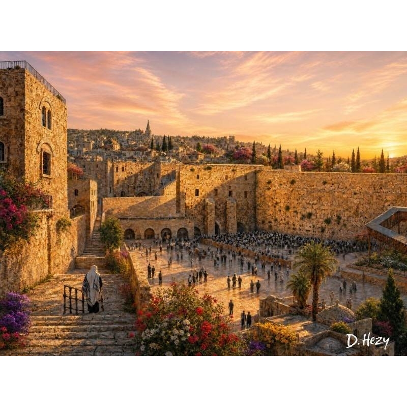 Western Wall oil painting showing Jerusalem old city in warm golden tones