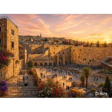 Western Wall oil painting showing Jerusalem old city in warm golden tones