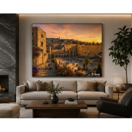 Golden Jerusalem western wall artwork by D. Hezy in a home setting