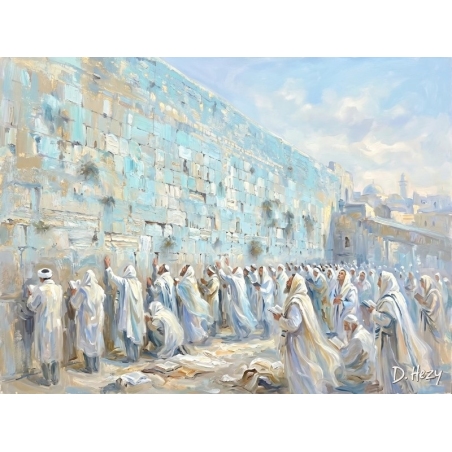 Spiritual Western Wall painting with rows of angelic figures in white robes at the Kotel