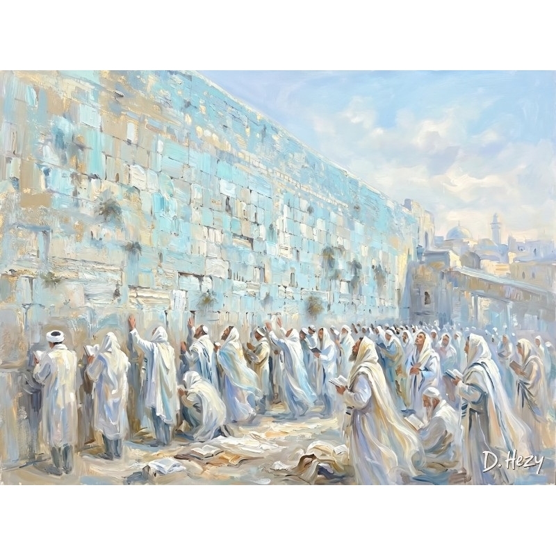 Spiritual Western Wall painting with rows of angelic figures in white robes at the Kotel