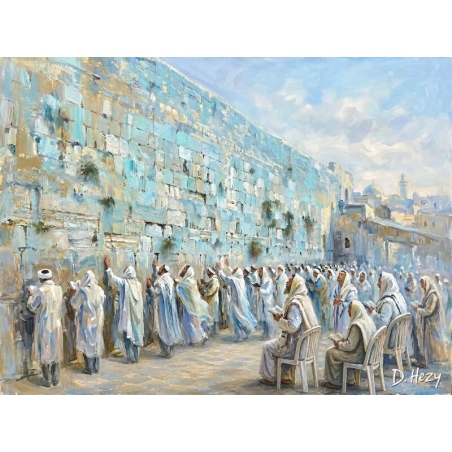 Western Wall painting in cool blue tones with white-robed worshippers at the Kotel