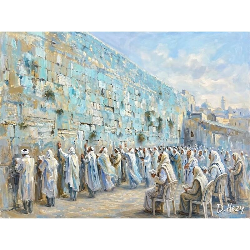 Western Wall painting in cool blue tones with white-robed worshippers at the Kotel