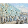 Western Wall painting in cool blue tones with white-robed worshippers at the Kotel
