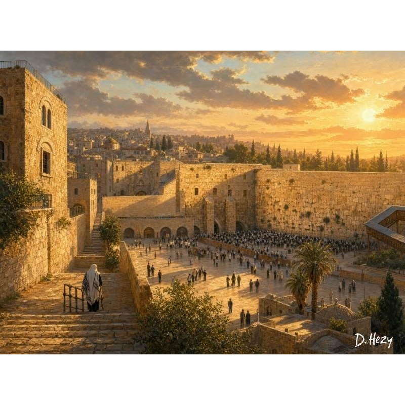 Western Wall oil painting showing a warm golden Jerusalem landscape with the Kotel