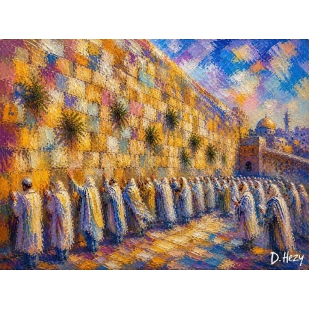 Very colorful impressionist Western Wall artwork with figures at the Kotel