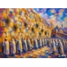 Very colorful impressionist Western Wall artwork with figures at the Kotel