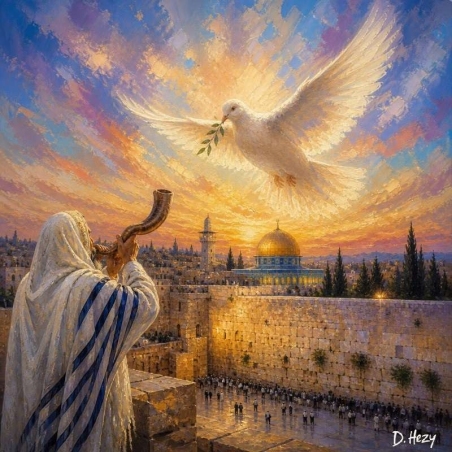Western Wall painting with a man in tallit releasing a dove at Jerusalem sunset